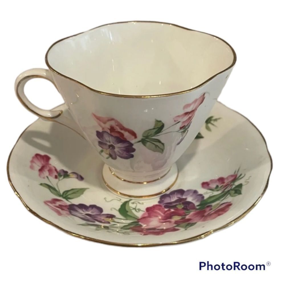 vintage clarence bone china tea set teacup and plate pink floral gold rimmed set